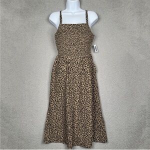 Leopard Print Mini Dress with Smocked Bodice - Brown